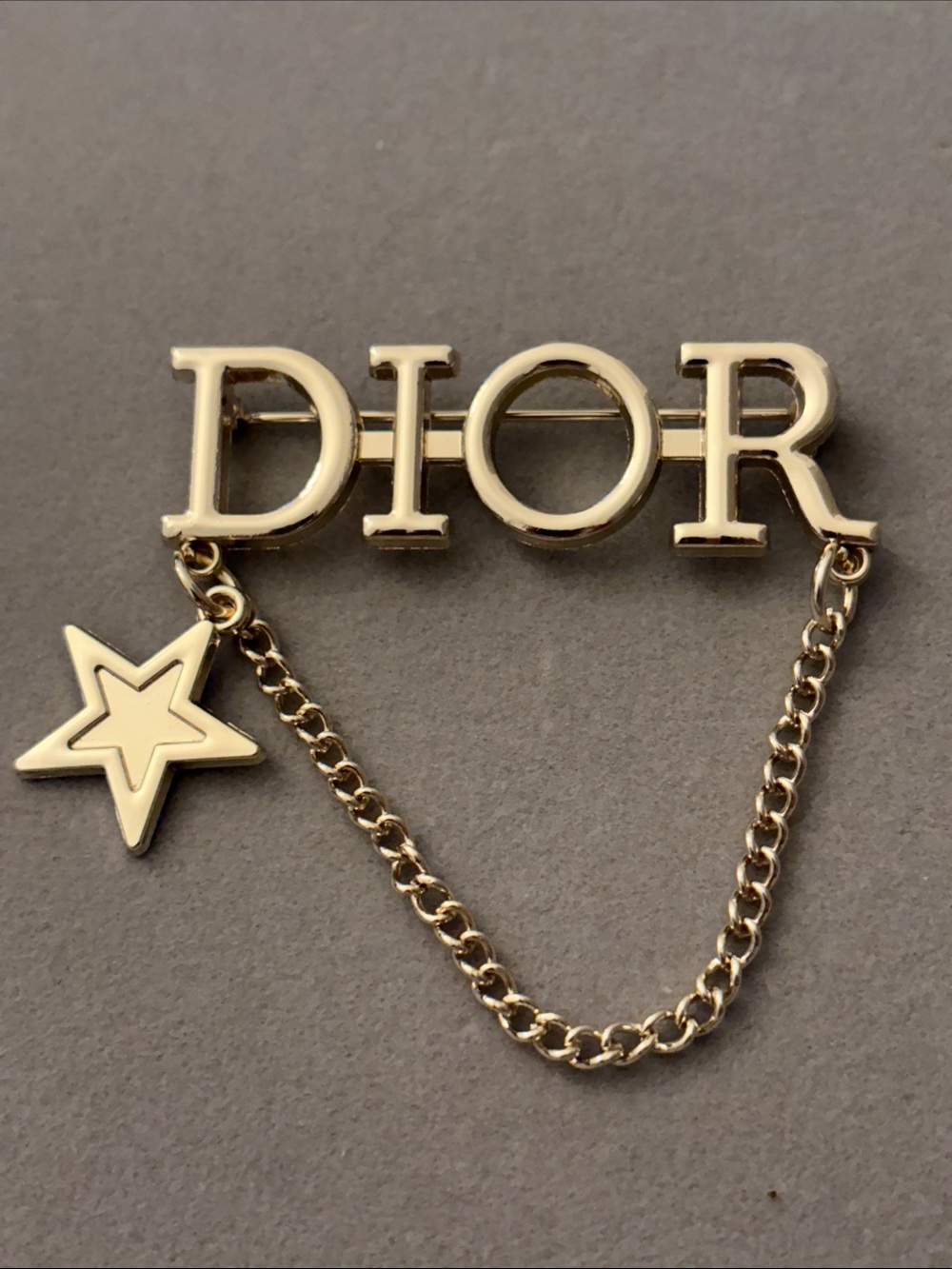 Gold Logo Brooch with Star Charm and Chain